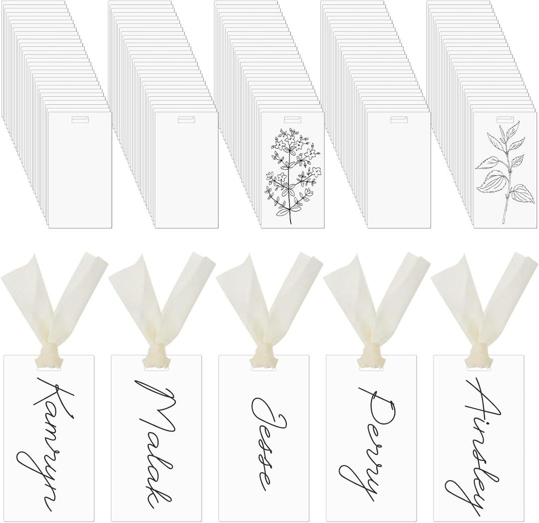 200 Pcs Clear Acrylic Place Cards Blank Wedding Reserved Signs for Chair with Ribbon Rectangle Acrylic Name Seat Tag for Table Setting Numbers Guest Name Dinner Party 3.54" x 1.96"(Clear)