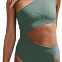 Women's One Piece Ribbed Swimsuit One Shoulder Cutout Swimwear Sexy Bathing Suit (Medium, Green)