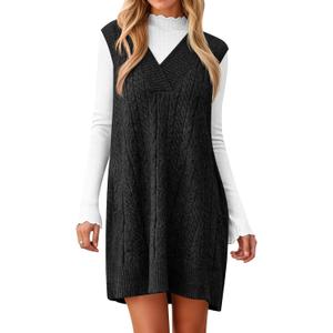 Cicy Bell Womens Oversized Sweater Vest Dress V Neck Sleeveless Fall Trendy Casual Knit Cable Mini Dresses (Small, Black)