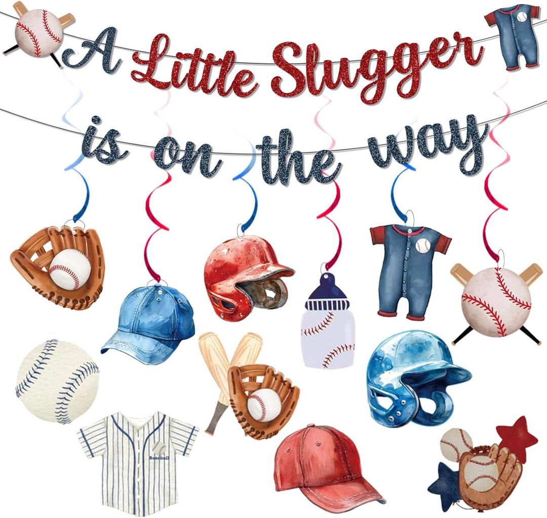 Baseball Baby Shower Decorations, A Little Slugger Is On The Way Banner Hanging Swirls Stickers, Baseball Garland Banner for Baby Boy Sport Fan Wall Ceiling Decor