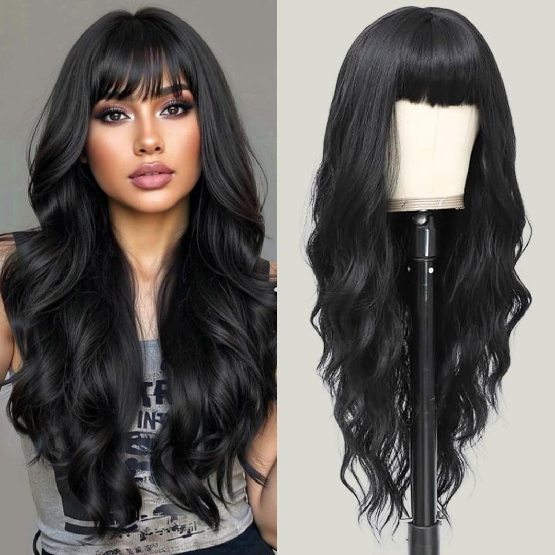 Black Wig with Bangs 26 Inch Long Curly Wavy Wigs for Women Begineer-Friendly Synthetic Wig for Daily Party Holiday Use
