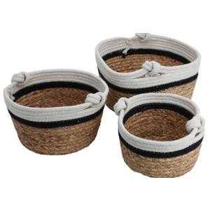 Alsaifgallery Brown White Black Round Cotton Basket Set with Handle 3 Pieces