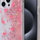 Glitter Liquid Phone Case Compatible with iPhone 15 Pro, Cute Women Girly Bling Shiny Sparkle That Move Slim Thin Protective Phone Cases for iPhone 15 Pro (Flamingo-15P)