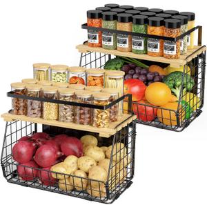 Magnetic Shelf for Fridge with Wood Lid: 2 Pack Fruit Potato and Onion Storage Bin - Magnetic Spice Rack for Refrigerator & Kitchen Counter - Pantry Organizers and Storage