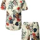 JOGAL Men's Flower Casual Button Down Short Sleeve Hawaiian Shirt Suits (S)