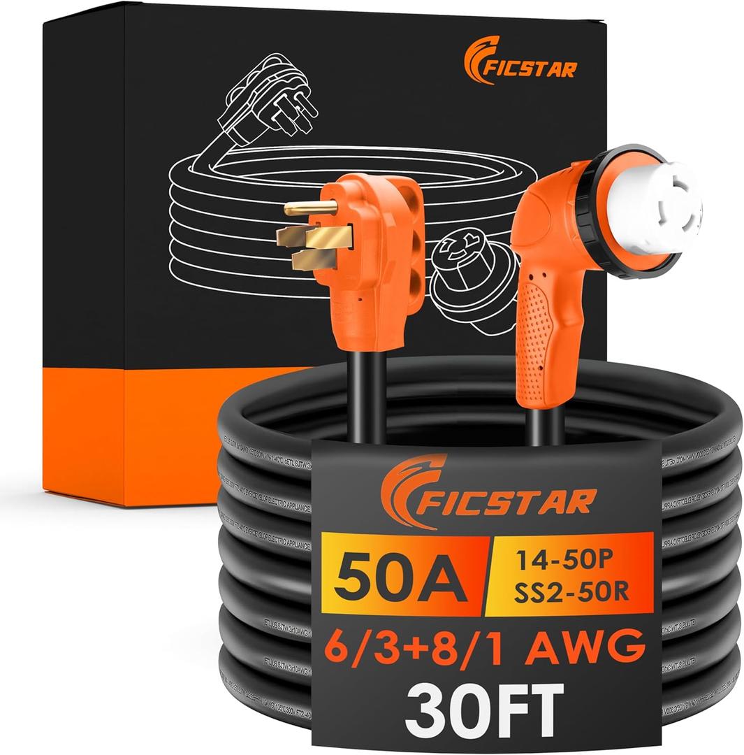 50 Amp RV Extension Cord 30 ft, Heavy Duty 6/3+8/1 SJTW AWG RV Power Cord with Grip Handle Twist Lock, NEMA 14-50P to SS2-50R with LED Indicator