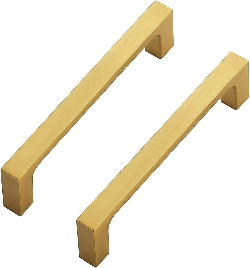 Ravinte 5 Pack Solid 4 Inch Kitchen Square Cabinet Handles Brushed Brass Cabinet Pulls Drawer Pulls Kitchen Cabinet Hardware Handles (4" Hole Center)