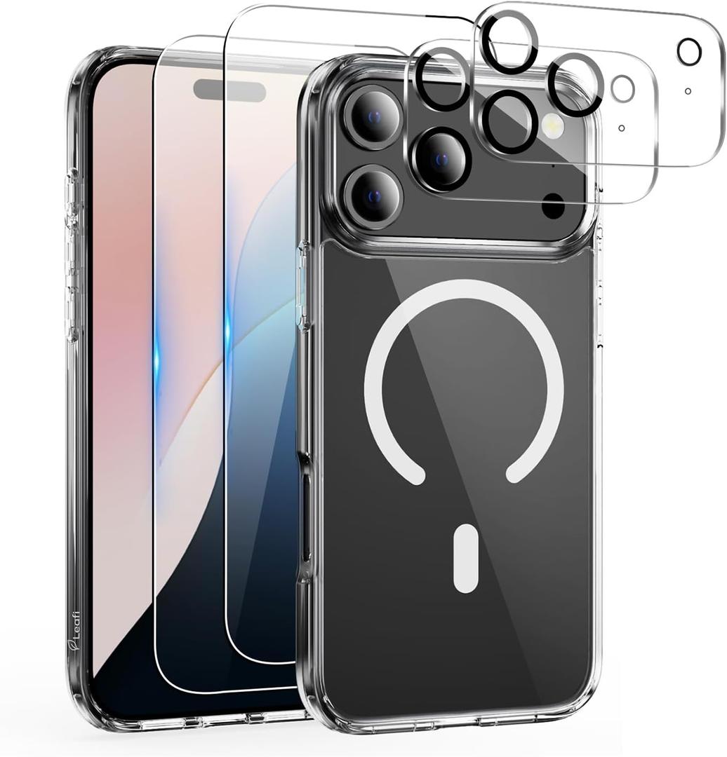 Clear Case Compatible with iPhone 17 Pro 5-in-1 Combo with 2 Tempered Glass Screen Protectors & 2 Camera Lens Protectors, Slim Anti-Yellow Shockproof Cover