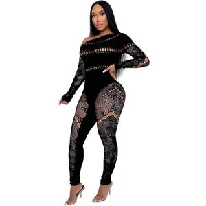 One Shoulder Mesh Cutout Jumpsuit, Long Sleeve, Black Lace Pattern, Club Party Wear L