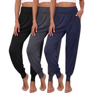 Ficerd 3 Pack Women's Lounge Pants, Cozy Yoga Joggers with Pockets High Waisted Workout Sweatpants Lightweight Comfy Pants (Medium, Black, Dark Heather Gray, Dark Blue)