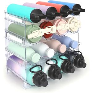 Stackable Water Bottle Organizer, 4-Tier Clear Large Compartment Holder with Stable One-Piece Side-Panel Design, Prevents Tipping & Rolling for Cabinet & Kitchen Storage, Holds 16 Bottles
