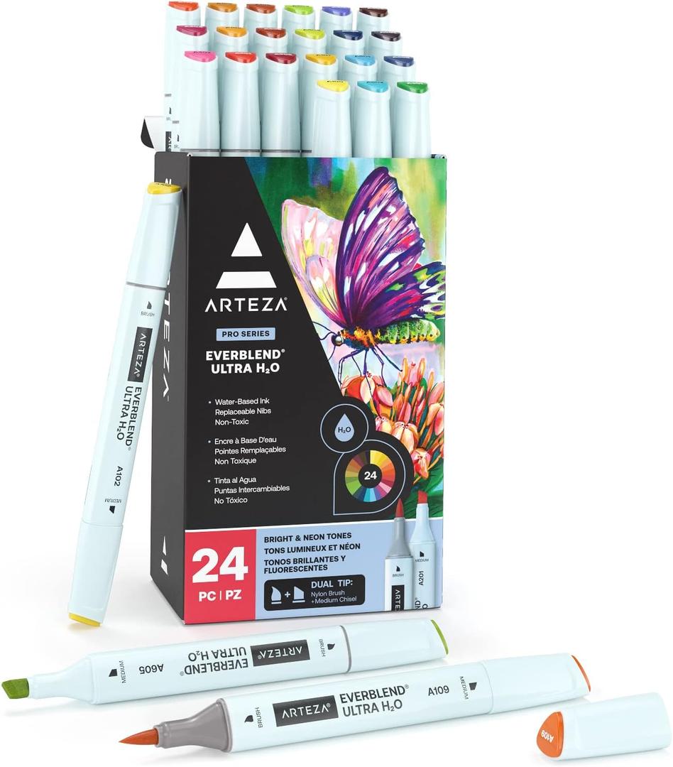 ARTEZA Dual Tip Brush Pens, 24 Bright and Neon Tones, EverBlend Watercolor Calligraphy Markers with Nylon Brush
