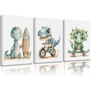 Funny Dinosaur Nursery Canvas Wall Art Surfing Skateboard Riding Dinosaur Painting Picture Wall Decor Sport Nursery dinosaur Print Artwork Poster Print Artwork for Boys Room Girls Room Home Decoration (16L''x12W'')