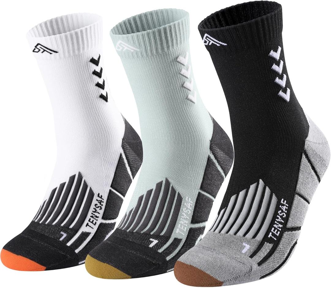 Compression Crew Running Socks: Athletic Socks for Men Women with Cushion,3 Pairs Work Hiking Basketball Sport Socks (6-9, A-white Gray Black-3pairs)