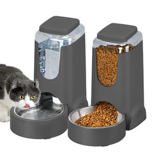 2 Pack Automatic Cat Feeder and Stainless Steel Water Dispenser, Gravity Dog Waterer Set Food Feeder and Waterer Set for Small Medium Kitten Puppy Pets(1 Gallon x 2, Charcoal Gray)