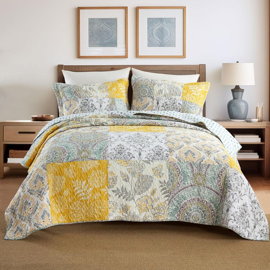 Secgo King Size Comforter Set- 100% Cotton Quilt King Size Set, Green, Sage bedspreads (96 * 108 Inch) with 2 Pillow Shams, Patchwork Reversible Lightweight Bedding (King(98"x106"), Manhuang)