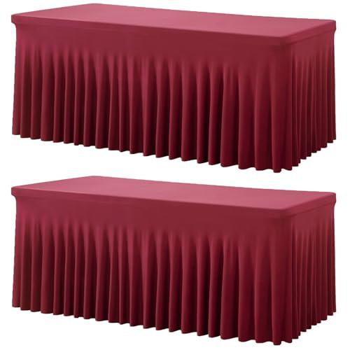 2 Pack Burgundy Spandex Table Clothes for 6 Foot Rectangle Tables, Wrinkle Free Fitted Table Cover 6ft Maroon Stretch Tablecloths with Skirt for Parties Weddings Birthday Banquet Baby Shower