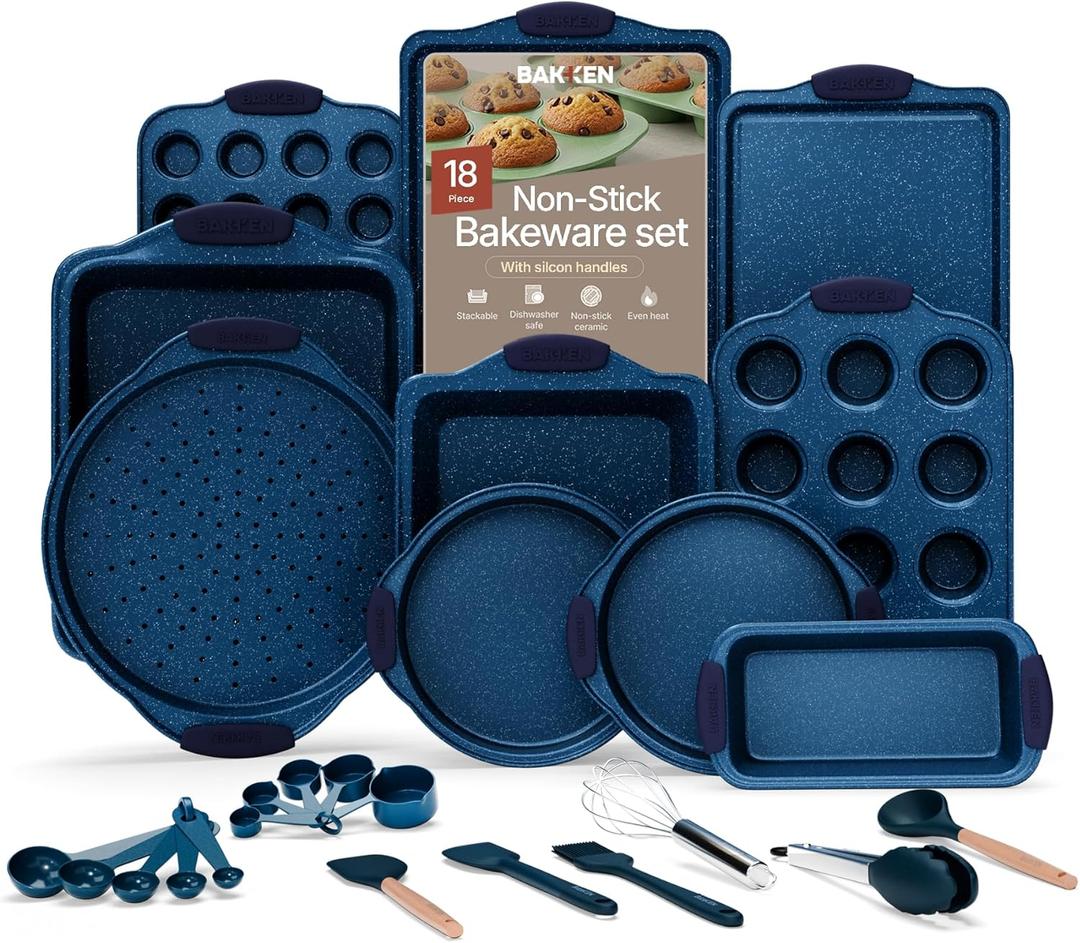 BAKKEN Kitchen Baking Pan Set - Nonstick Coating, Carbon Steel Bakeware Sets with Blue Silicone Handles, Baking Kitchen Essentials, PFOA, PFOS, PTFE Free, Oven Safe Tray (Up To 450 F), Set of 18