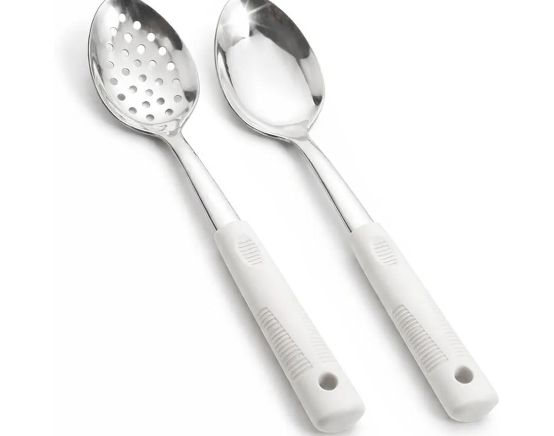 Stainless Steel Serving Spoon Set with Non-Slip Silicone Handles, 2-Piece Serving Spoon and Perforated Spoon, Home Kitchen, Parties & Daily Use (Beige)