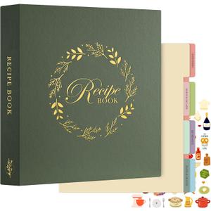 Lanpn Recipe Binder 8.5x11 3 Ring Kit, Waterproof Organizer Binder to Write in Your Own Recipes, Blank Recipe Book with 60 Plastic Sleeves,116 Recipes, Dividers, Labels & Stickers, Green