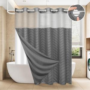 FADOTY No Hook Shower Curtain and Snap in Liner Set Grey Tufted Chevron Striped Cloth Waterproof Washable Fabric Boho Gray Bath Curtain with See Through Mesh Top Window for Bathroom Hotel 71"W x 74"L (Pack of 1)
