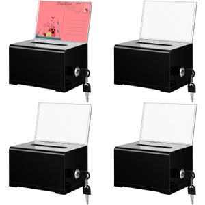 4 Pcs Donation Boxes for Fundraising, Black Acrylic Raffle Ticket Boxes with Slot Tip Box with Lock and Sign Holder Suggestion Ballot Box for Donation Voting Raffle Secure Storage