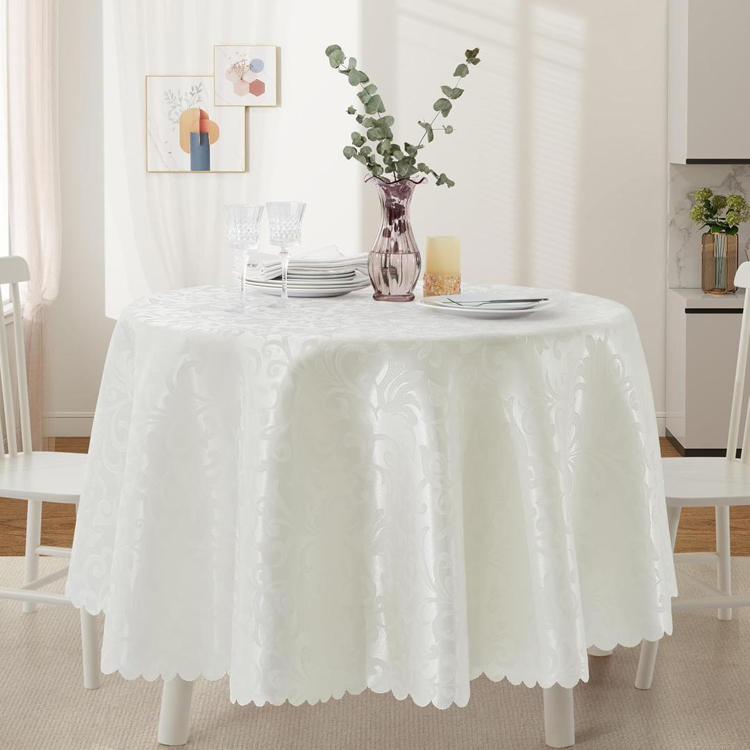 Wave Damask White Satin Round Tablecloth 60"X60"Round Tablecloth Stain Resistant Wrinkle Free Silkly Soft Table Cloths for Dining Room, Indoor and Outdoor Use