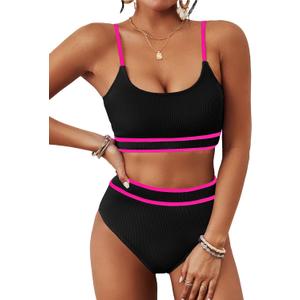 BMJL Women's High Waisted Bikini Ribbed Two Piece Swimsuit High Cut Color Block Adjustable Straps Bathing Suit (Large, Black&pink043)