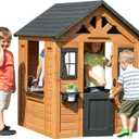 Backyard Discovery Sweetwater Cedar Wooden Kids Playhouse Cottage with Play Kitchen, Snack Bar, Half Door, Toy Phone, Windows, Flowerpot Holders, and Working Doorbell for Outdoor Imaginative Play (Light Brown)