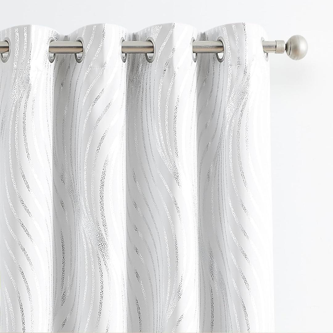 100% Blackout Curtains for Bedroom, White Silver Foil Pattern Curtains 72 Inch Length Living Room Darkening Thermal Insulated Metallic Silver Wave Print Drapes Grommet Window Curtains 2 Panels