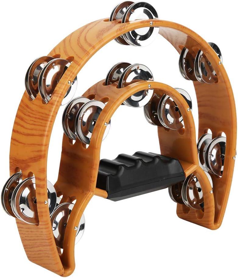 Double Row Jingles, Half Moon Musical Tambourine Double Row Handbell Tambourine Metal Jingles with Ergonomic Grip Percussion Instrument for KTV Party Church, Imitation Wood Color