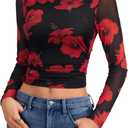 LYANER Women's Floral Mesh Long Sleeve Sheer Mock Neck Slim Fit Going Out Tee Crop Tops (Black, XL)
