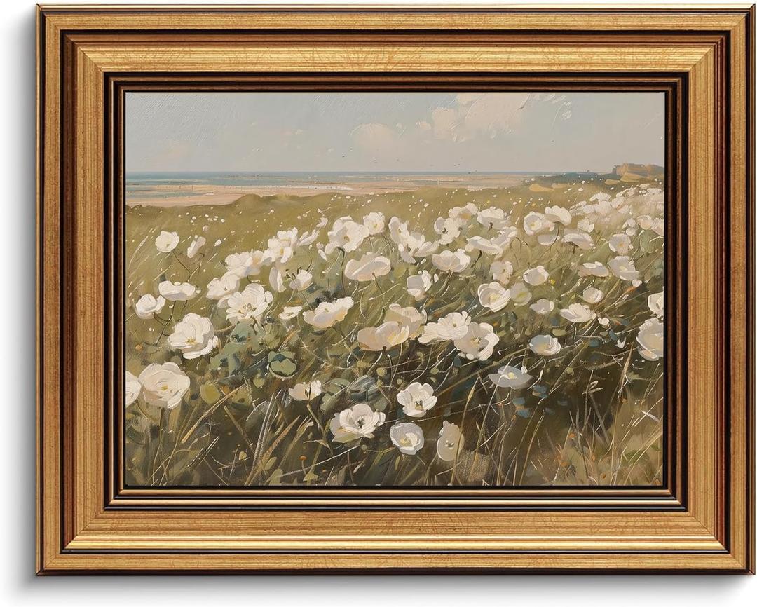 Gold Framed Wall Art Vintage Wildflower Canvas Art Farmhouse Floral Picture White Flower Wall Decor Antique Prints Rustic Paintings Landscape Artwork for Bedroom Living Room 8x10 Inch