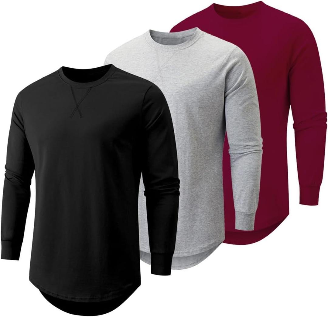JMIERR Mens 3 Pack Cotton Hipster Hip Hop Longline Crewneck T-Shirt (Medium, A-black/Light Grey/Red)