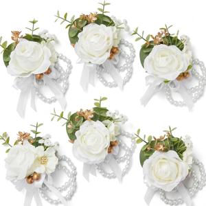 Serwalin Corsage Wristlet for Wedding, 6Pcs White Prom Corsage for Bridesmaid Mother Grandmother, Wrist Corsage for Prom Ceremony Anniversary Cake Topper (Ivory)