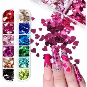 KTAABTR 12 Grids Valentines Nail Art Glitter Holographic Glitter 3D Heart Nail Sequins Valentines Nail Glitter Sequins for Women DIY Manicure Valentines Heart Glitter Nail Decoration
