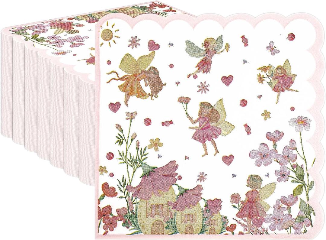 3 x 50pcs Fairy Napkins, 3-Ply Disposable Dinner Napkins Paper Party Scalloped Wonderland Forest Garden Disposable Paper Napkins for Fairy Birthday Party Baby Shower Decorations (6.5in)