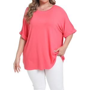 Womens Plus Size Oversized T Shirts Summer Half Sleeve Crew Neck Tops Casual Tunic Blouse (Red)