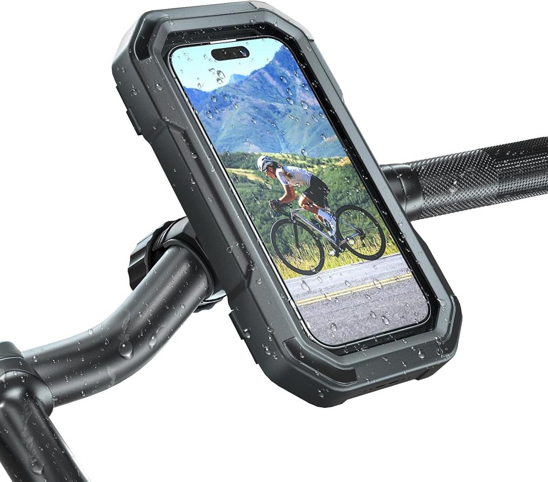 KDD Waterproof Bike Phone Holder - 360 Rotation Motorcycle Phone Mount, Fully Enclosed Touch Sensitive Design, Bicycle Phone Clamp Compatible with iPhone 16 Pro Max/15/14/13/12,4-6.7 Phones (Large)