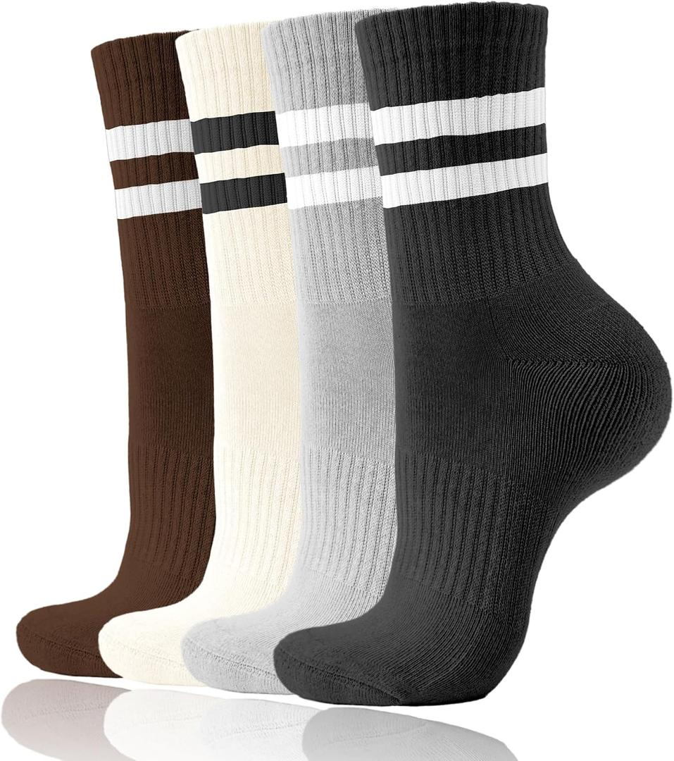 5 x AugRing Women's Striped Cotton Crew Socks Cozy Casual Athletic Quarter Socks for Running & Gym Size 5-11