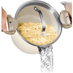 Gotham Steel 8 Qt Large Ceramic Stock Pot for Cooking, Multipurpose Pasta Pot with Strainer Lid for Spaghetti, Soup, Rice, Large Cooking Pots with Lids and Twist & Lock Handles, Dishwasher Safe (Cream White)