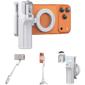 [3 in 1] Magnetic Phone Camera Shutter Grip, Extendable Selfie Stick & Tripod Portable for Magsafe iPhone & Android with Detachable Wireless Shutter Button Remote Control Ergonomic Handle - White