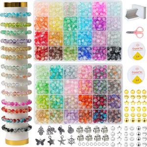 REVKI 1300PCS 8mm Mixed Crackle Glass Beads for Bracelets Making with Accessories, 48 Colors Crystal Glass Beads Jewelry Making Kit, Round Beads for DIY Bracelet Crafts