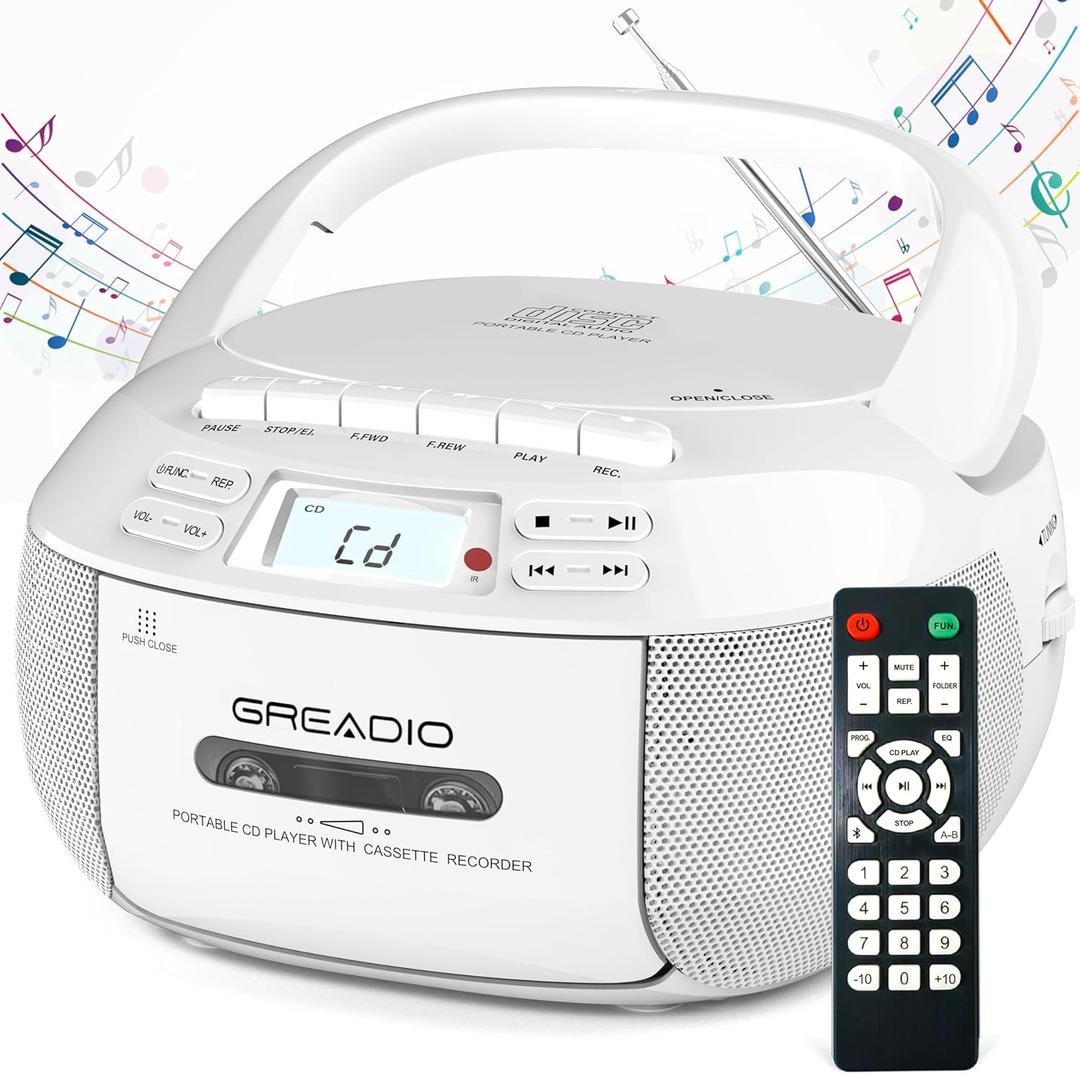Greadio CD Player Boombox Cassette Player Combo with Bluetooth,AM/FM Radio,Stereo Sound with Remote Control,AUX/USB Drive,Tape Recording,AC/DC Powered,Headphone Jack,LCD Display for Home,Kids,Gift (White)