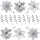 Sggvecsy 30 Pcs 3 Styles Christmas Glitter Poinsettia Flowers Artificial Berry Picks Christmas Tree Ornaments Artificial Christmas Flowers with Clips for Xmas Wreath Wedding Floral Decorations(Silver)