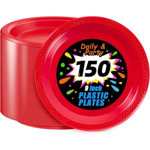 WELLIFE Red Party Plates 9 Inch -150 Count, Plastic Disposable Plates for Dinner Party Easter Mother's Day