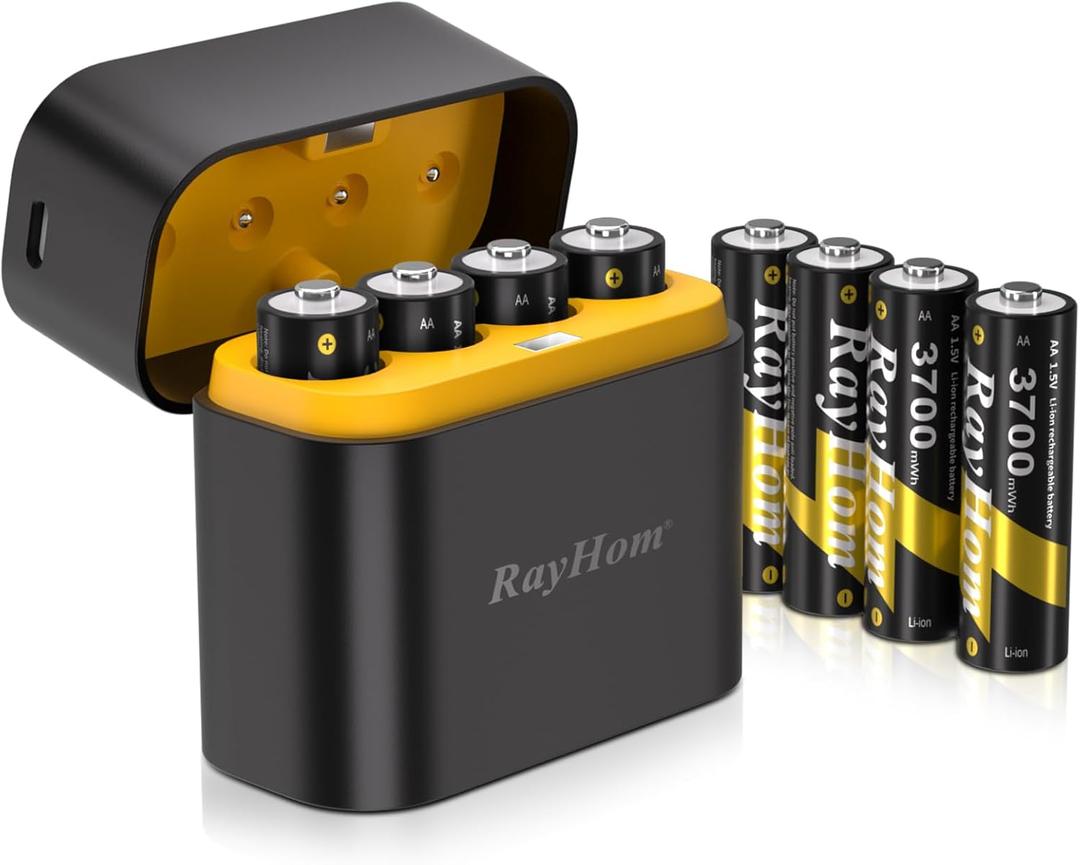 Rechargeable AA Lithium Batteries with Charger - 8 Pack Double A Batteries for Blink Camera, 1.5V Constant Output 3700mWh High Capacity, Cycle Times Up to 1600, with 4 Slot aa Li-Ion Battery Charger (8Pack Batteries+Charger)