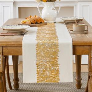 Metallic Style Table Runner, Cotton and Linen Gold Table Runners 90 inches Long,Pre-Pressed Metal Striping Process, Birthday Wedding Decorations for Home Living Room Decor(Gold, 13"x90")
