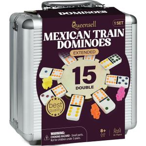 Queensell Mexican Train Dominoes Set Double 15 for Adults and Family, Mexican Train Double 15 Dominoes Set Colored Dot - 136 Tiles, 9 Trains, Wooden Hub, Aluminum Case (Double 15)