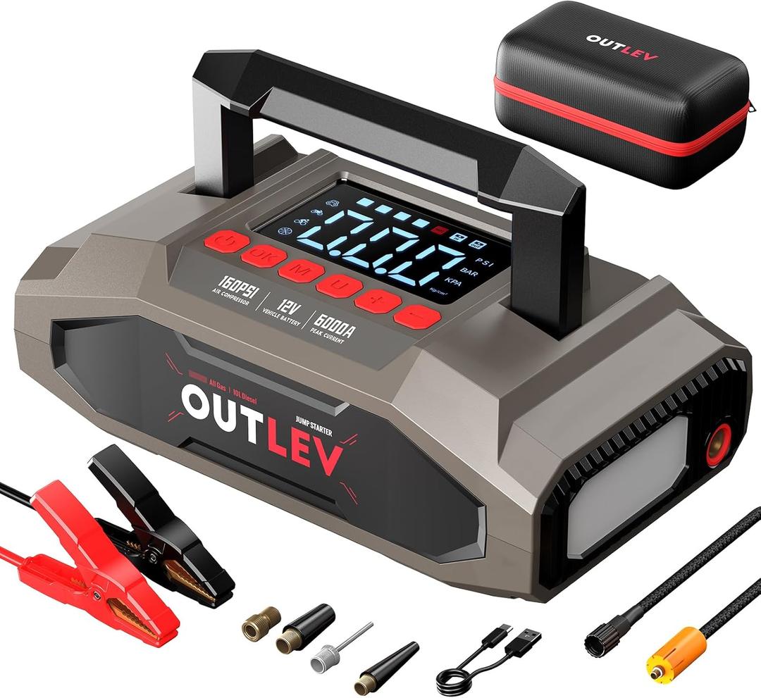 6000A UltraSafe Jump Starter with 160PSI Air Compressor, 12V Car Battery Booster, Portable Jump Box, Power Bank & Jumper Cables, LED Display, LED Light, for 10L Gas & 10L Diesel Engines (Red)